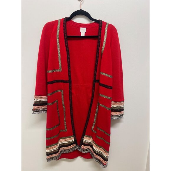 Chicos Reba Womens Red Cardigan With Tribal Embroidered Trim & Open Front - Picture 6 of 13